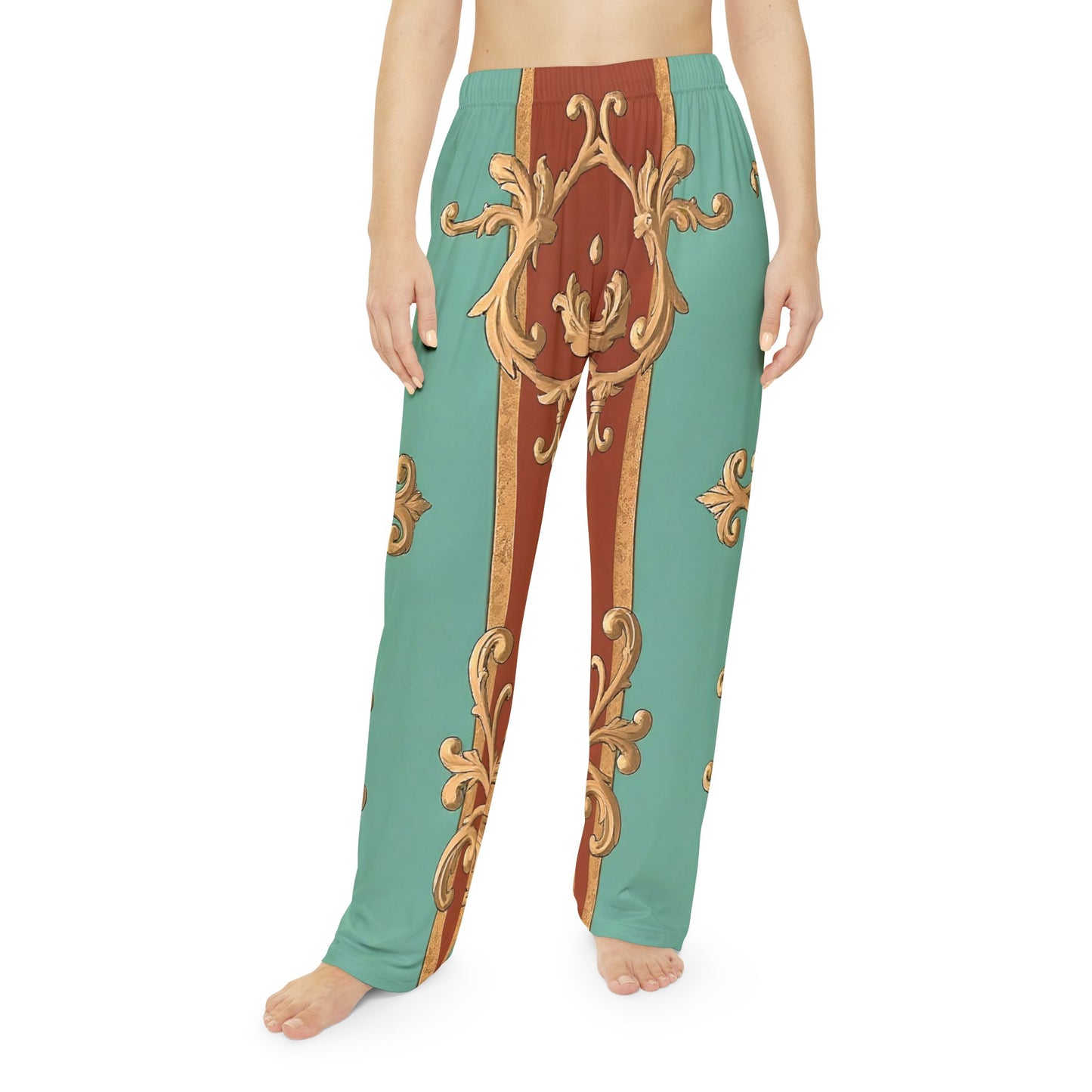 Elegant Women’s Pajama Pants with Decorative Gold Pattern - Rust & Mint Aqua Striped Baroque