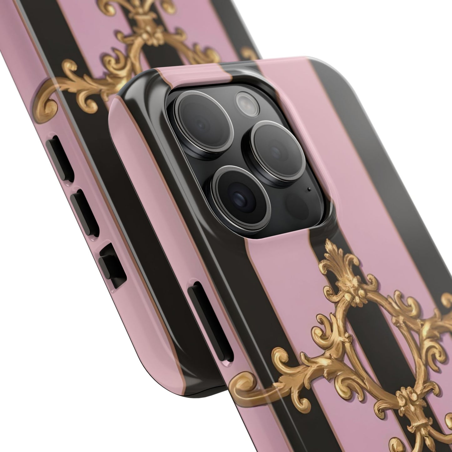 Stylish Tough Phone Case for Elegant Protection, Fashionable Accessories, Smartphone Cover - Matte Lavender & Black Striped Gold Baroque