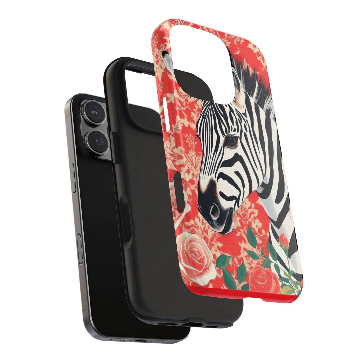 Zebra Tough Phone Case - Trendy Floral Design for Animal Lovers - Zebra With Coral Roses & Damask