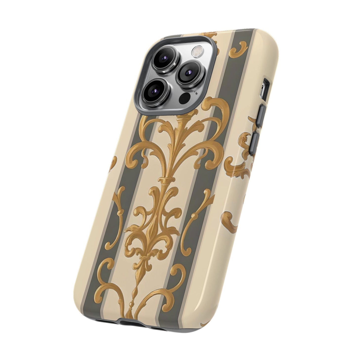 Elegant Floral Motif Phone Case - Tough Cases with Vintage Design - Dusk Olive Striped Gold Damask