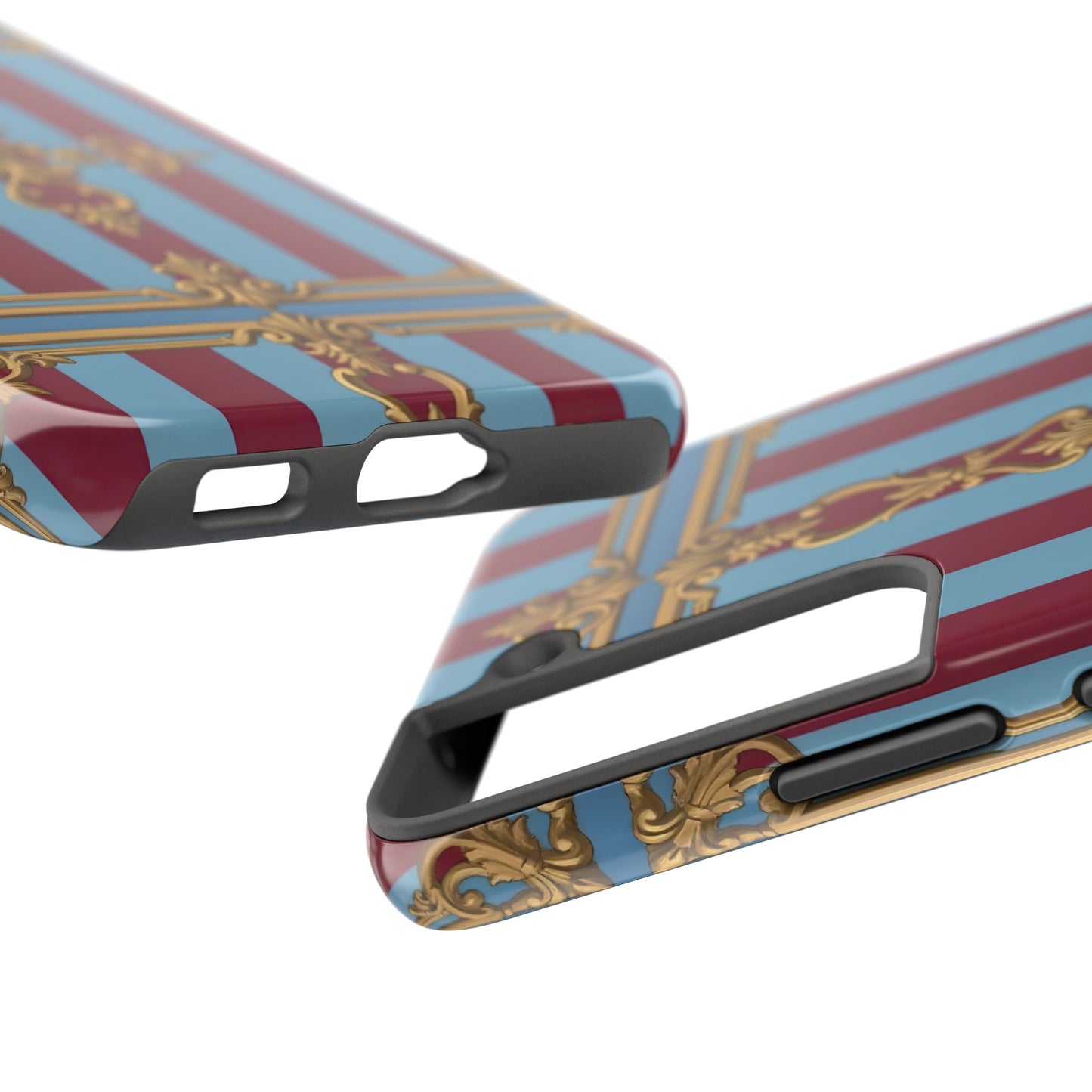 Elegant Patterned Tough Phone Cases, Stylish Phone Cover, Durable Phone Protection, Unique Gift Idea - Sky Blue & Maroon Striped Baroque