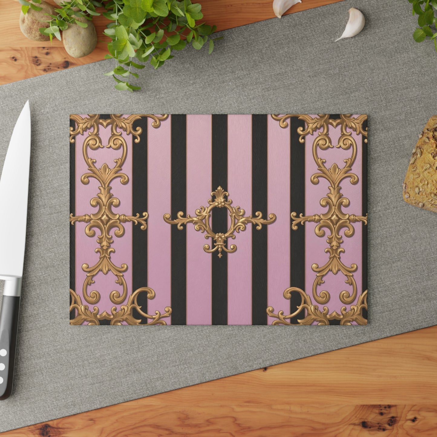 Luxurious Glass Cutting Board, Elegant Kitchen Decor, Wedding Gift, Cooking Accessory - Matte Lavender & Black Striped Gold Baroque