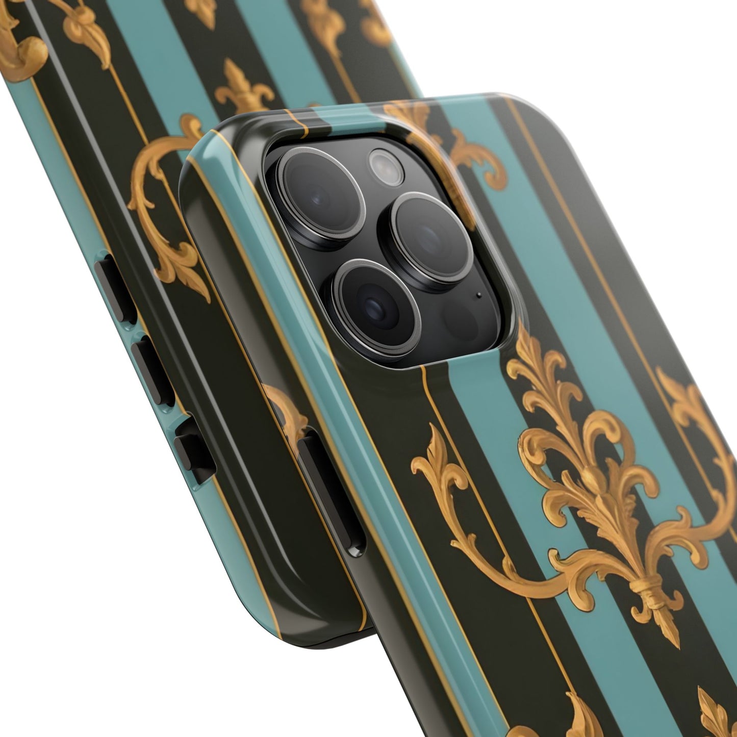 Elegant Baroque Tough Phone Case, Stylish Phone Cover, Durable iPhone Case, Unique Gift - Black & Turquoise Striped Baroque