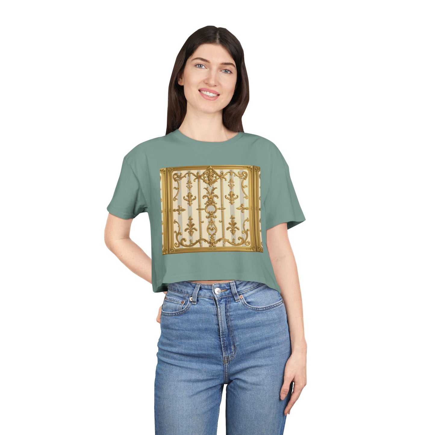 Elegant Vintage Women's Crop Tee, Stylish Oversized Top, Casual Summer Shirt, Trendy Women's Apparel - Matte Gray & Cream Striped Gold Baroque