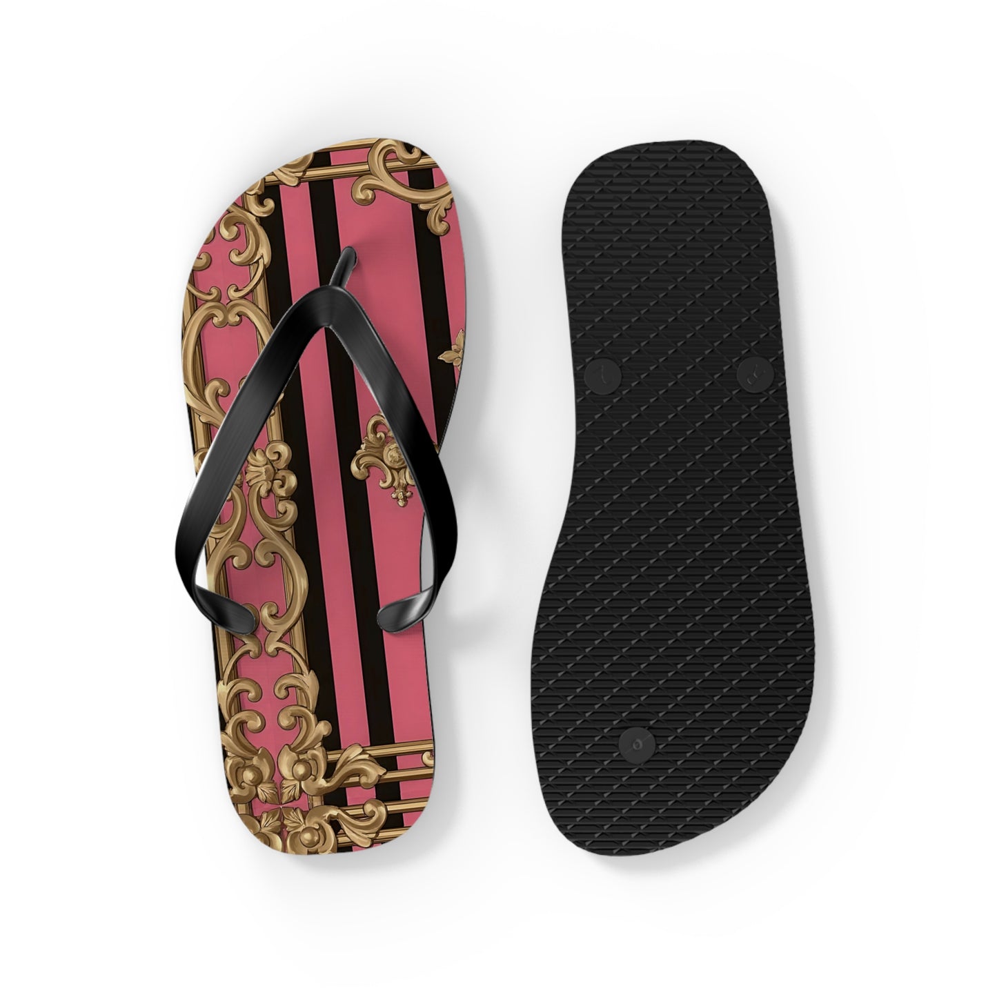 Chic Flip Flops, Stylish Summer Sandals, Beachwear, Poolside Accessories, Vacation Footwear, Trendy Casual Shoes - Pink Striped Gold Rococo