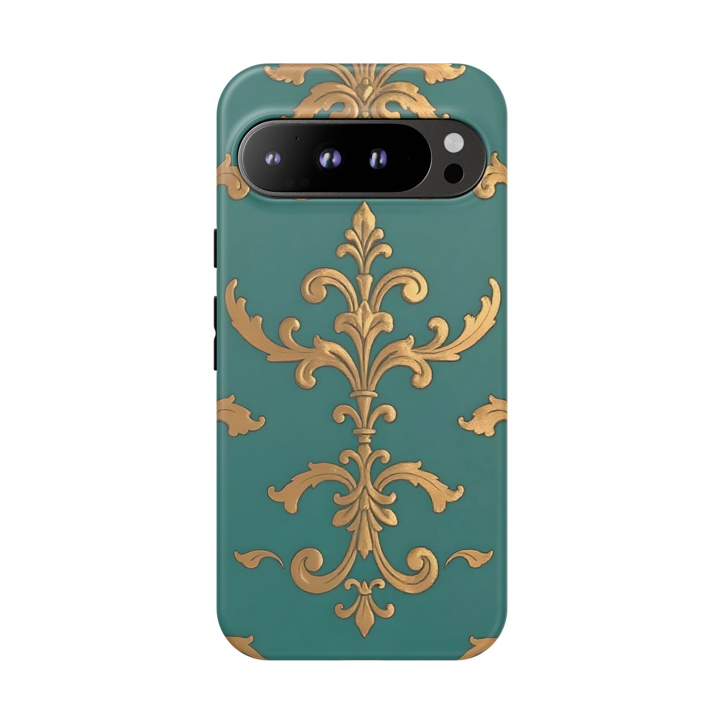 Elegant Floral Motif Phone Case - Tough Cases with Vintage Design - Aqua & Gold Damask