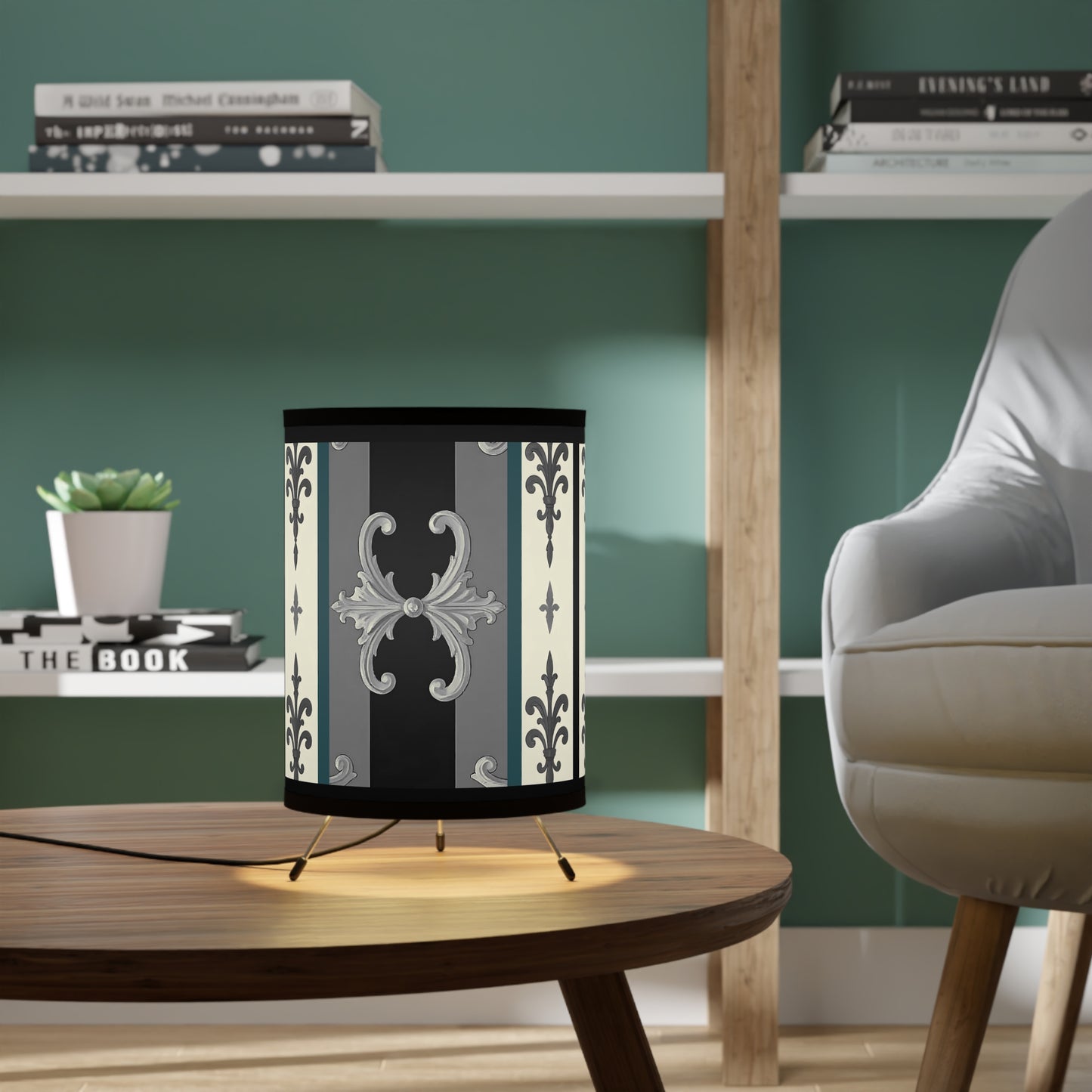 Elegant Tripod Lamp with Vintage Floral Print Shade - High-Res Home Accent - Striped Minimal Damask