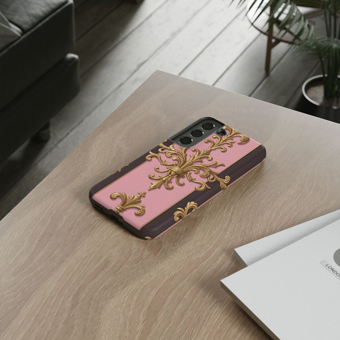 Elegant Floral Motif Phone Case - Tough Cases with Vintage Design - Pink & Brown Striped Gold Damask