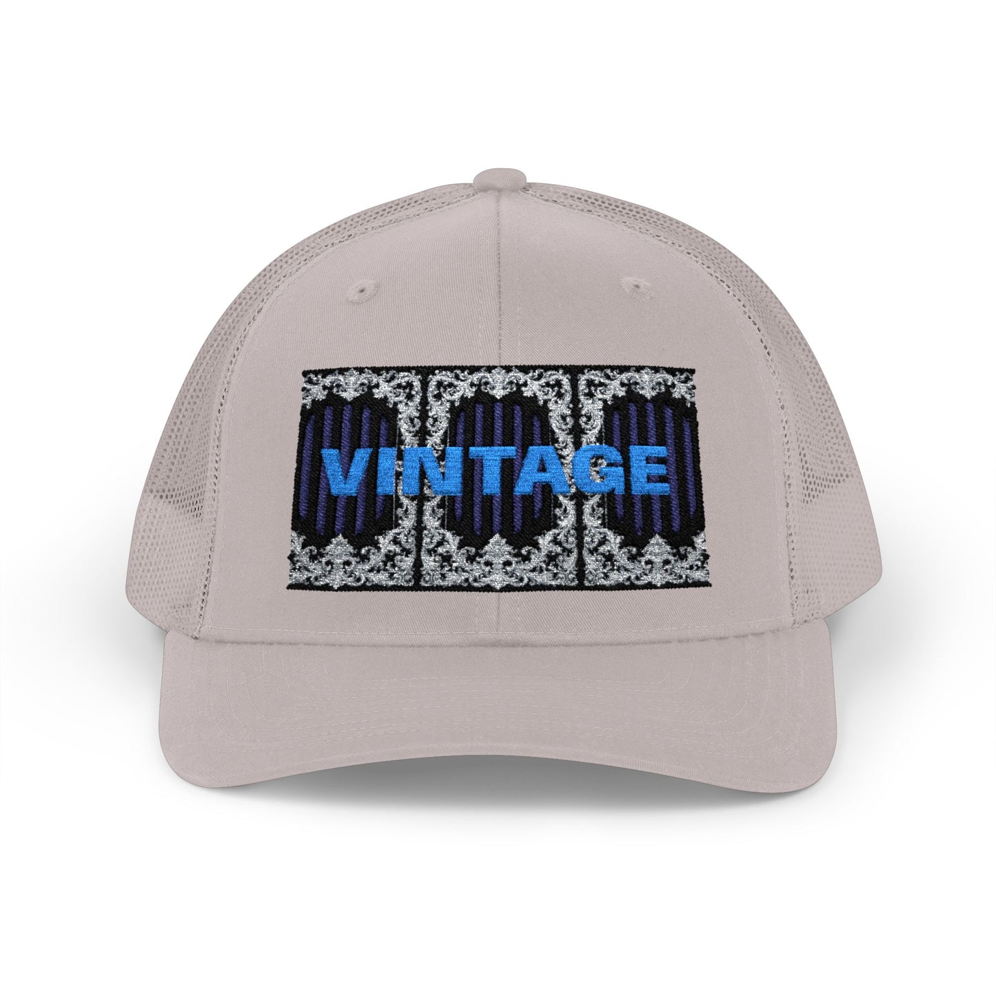 Vintage Navy Stripes & Baroque Trucker Cap — Retro 'VINTAGE' Embroidered Snapback