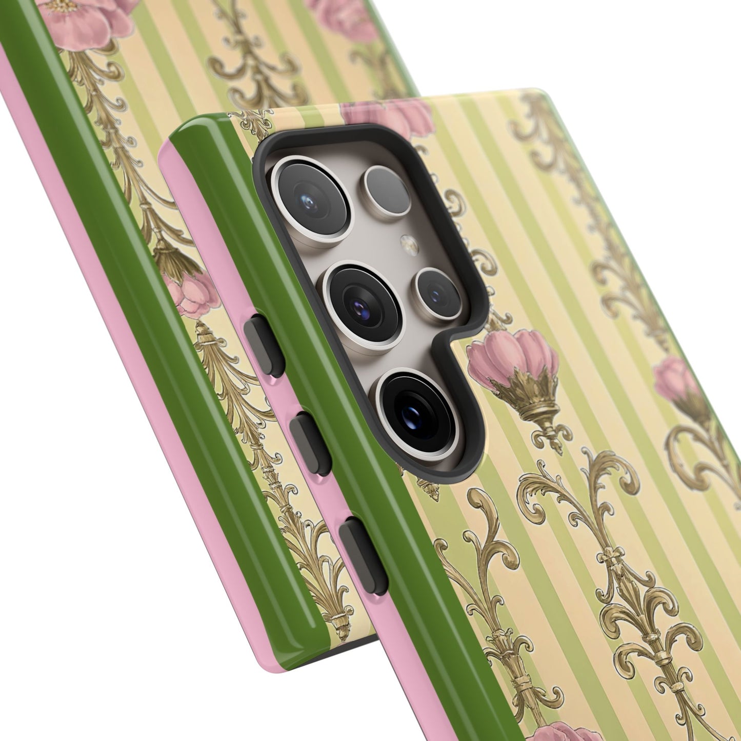 Elegant Floral Motif Phone Case - Tough Cases with Vintage Design - Lime Green & Pink Striped Damask