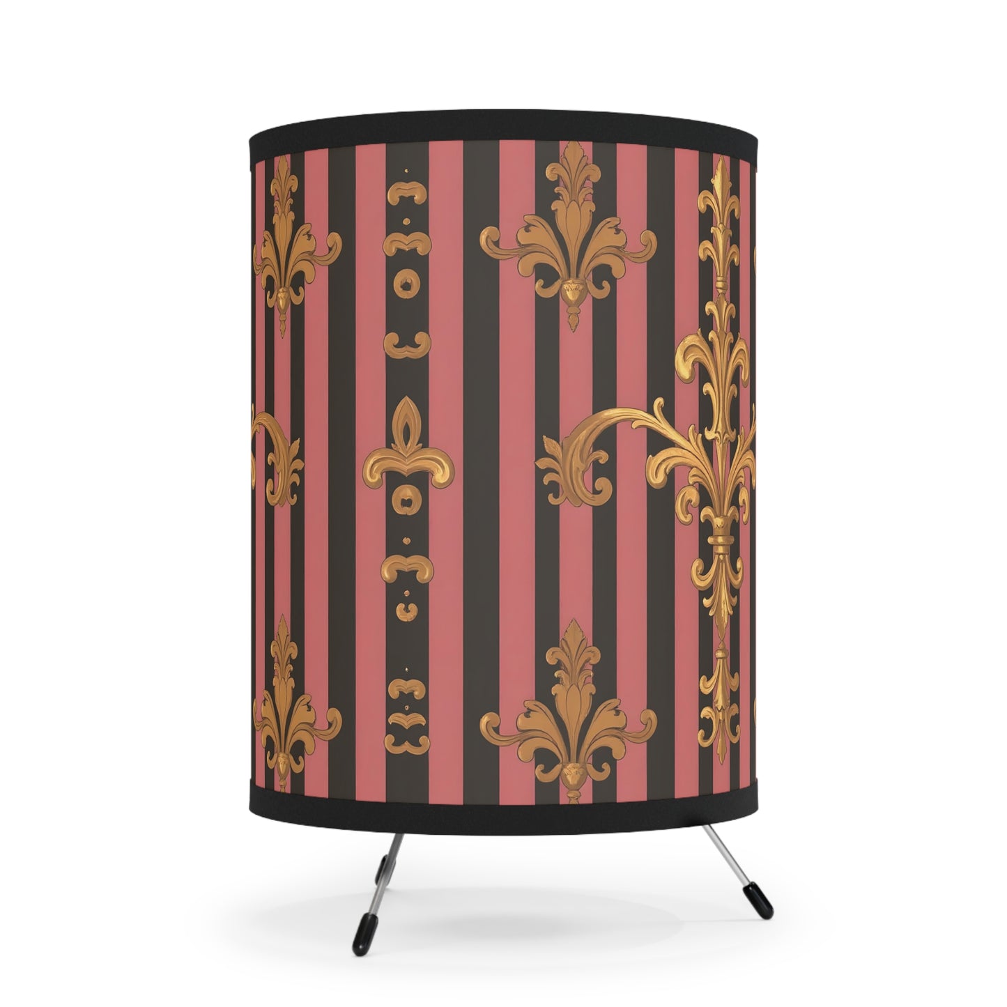 Elegant Tripod Lamp with Vintage Floral Print Shade - High-Res Home Accent - Mauve Striped Gold Damask