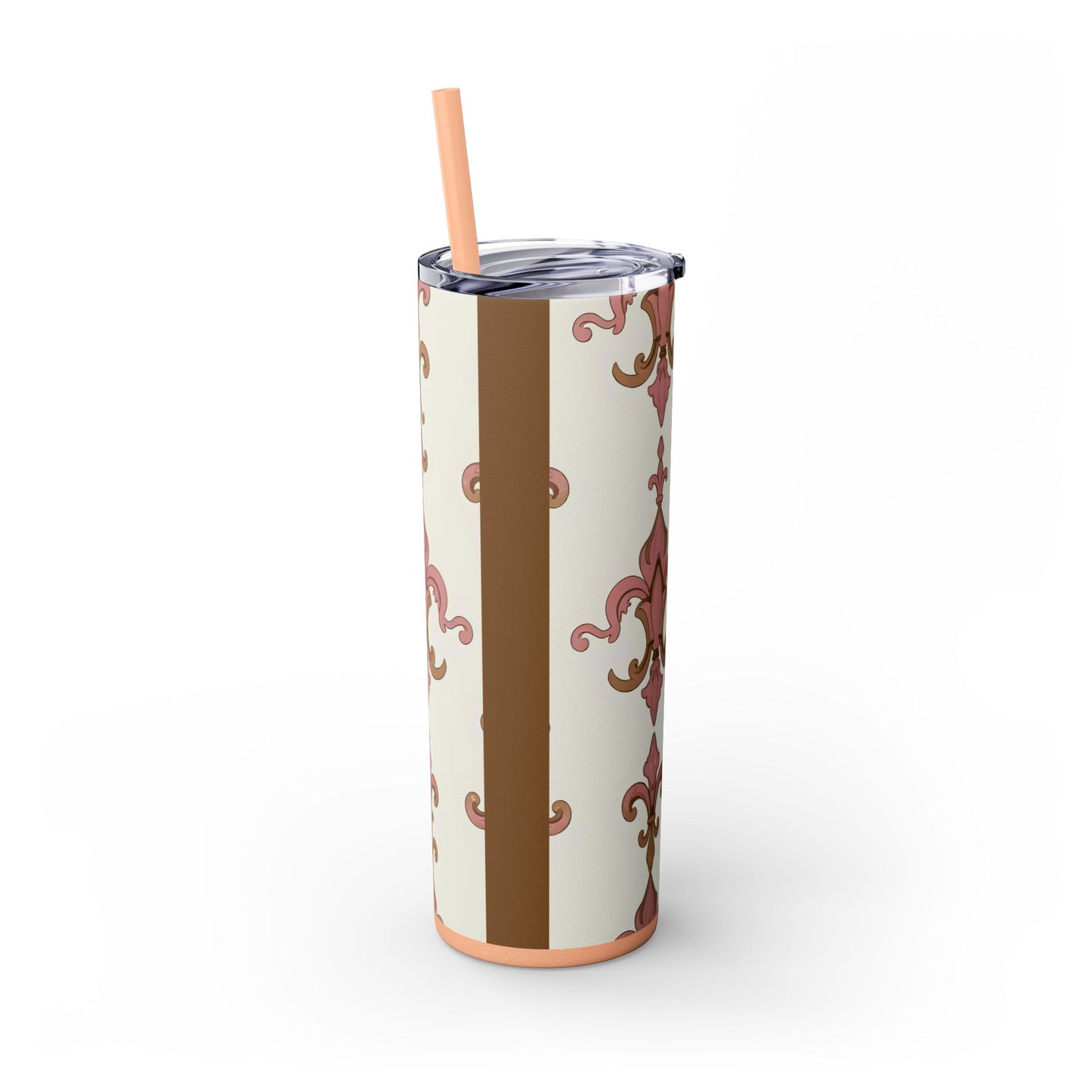 Elegant Floral Skinny Tumbler, 20oz Drinkware, Stylish Travel Mug, Wedding Gift, Personalized Gift, Eco-Friendly Cup - Brown Striped Pink Arabesque