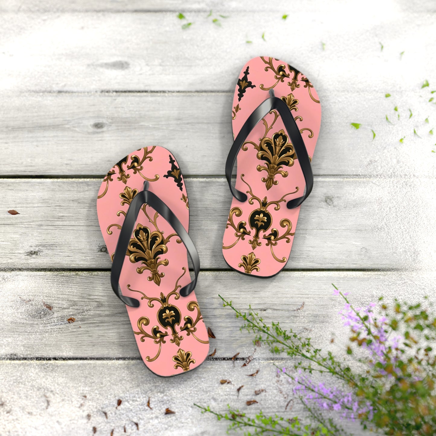 Stylish Flip Flops with Elegant Pink Design, Summer Footwear, Beach Sandals, Vacation Essentials - Pink, Black & Gold Rococo