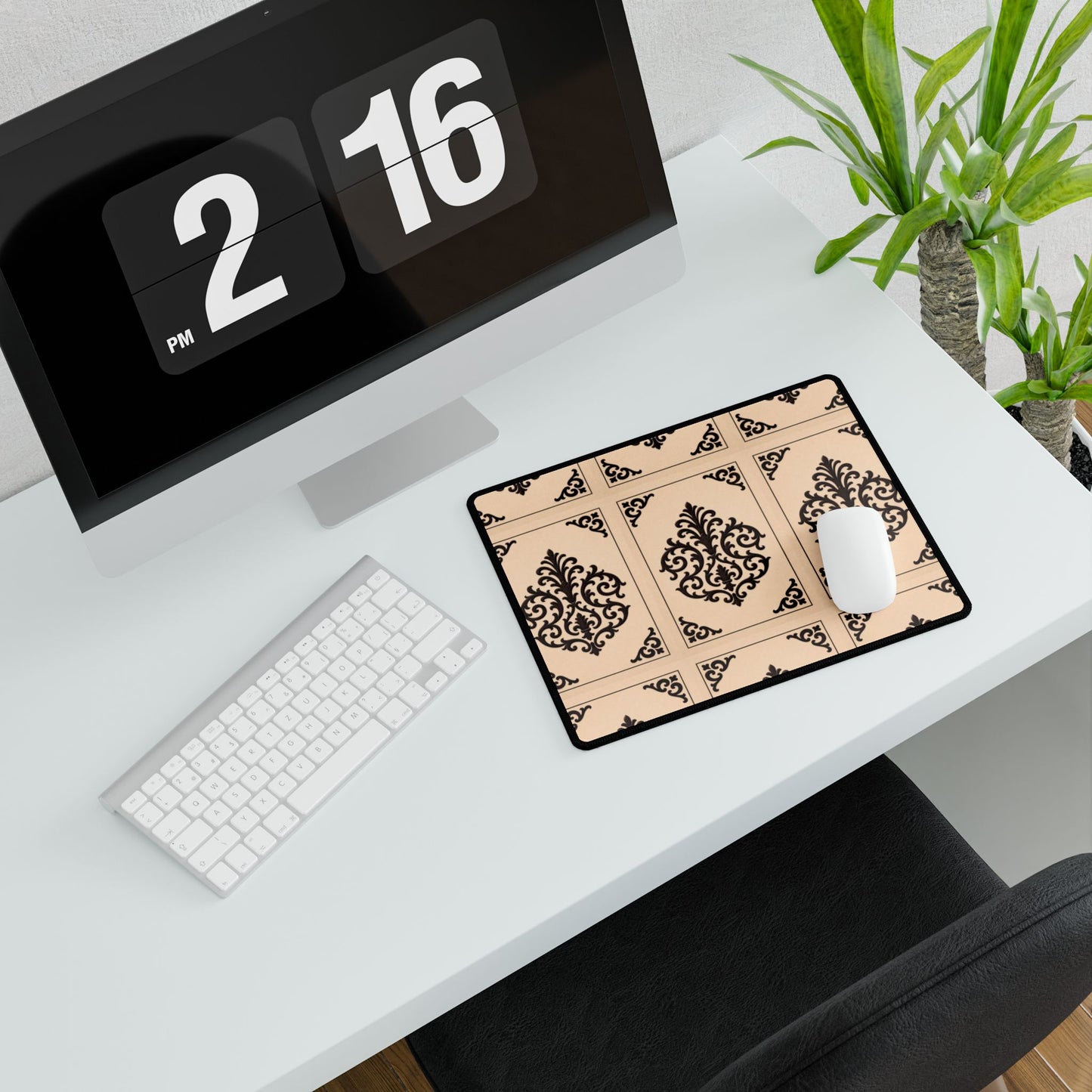 Almond-Beige & Brown Baroque Desk Mat – Elegant Beige & Brown Office Mousepad