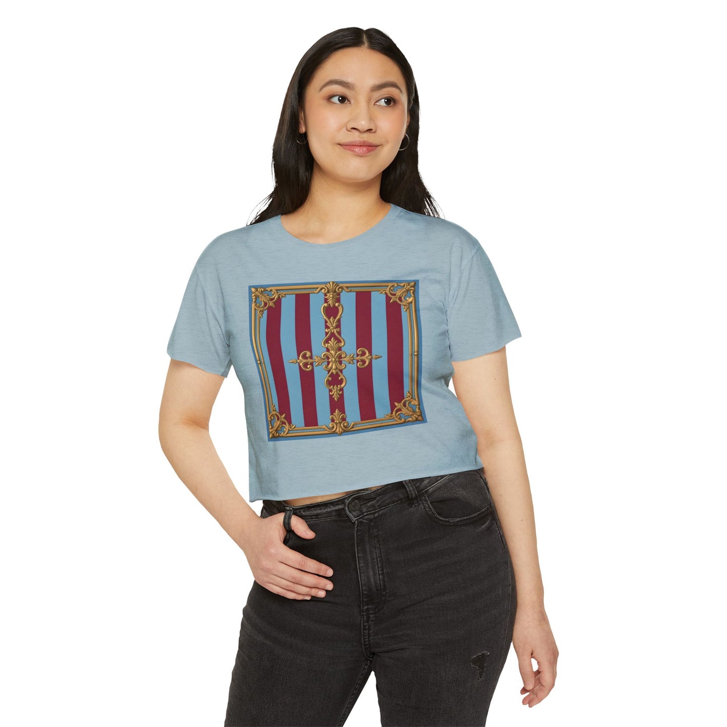 Women's Baroque Festival Crop Top, Summer Crop Tee, Casual Festival Wear, Concert Top, Eco-Friendly Fashion - Sky Blue & Maroon Striped Baroque