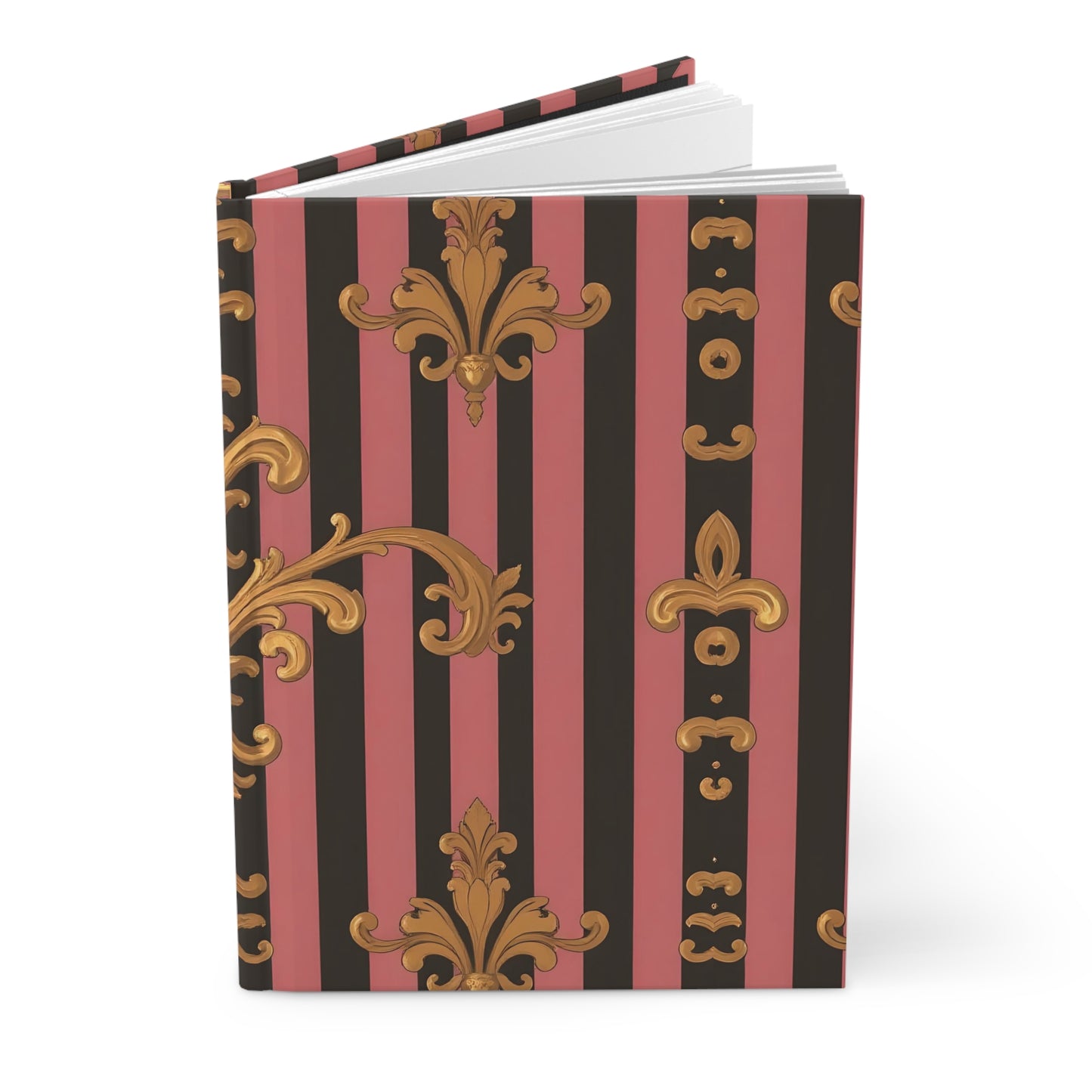 Elegant Floral Motif Hardcover Journal - Stylish Writing Notebook - Mauve Striped Gold Damask