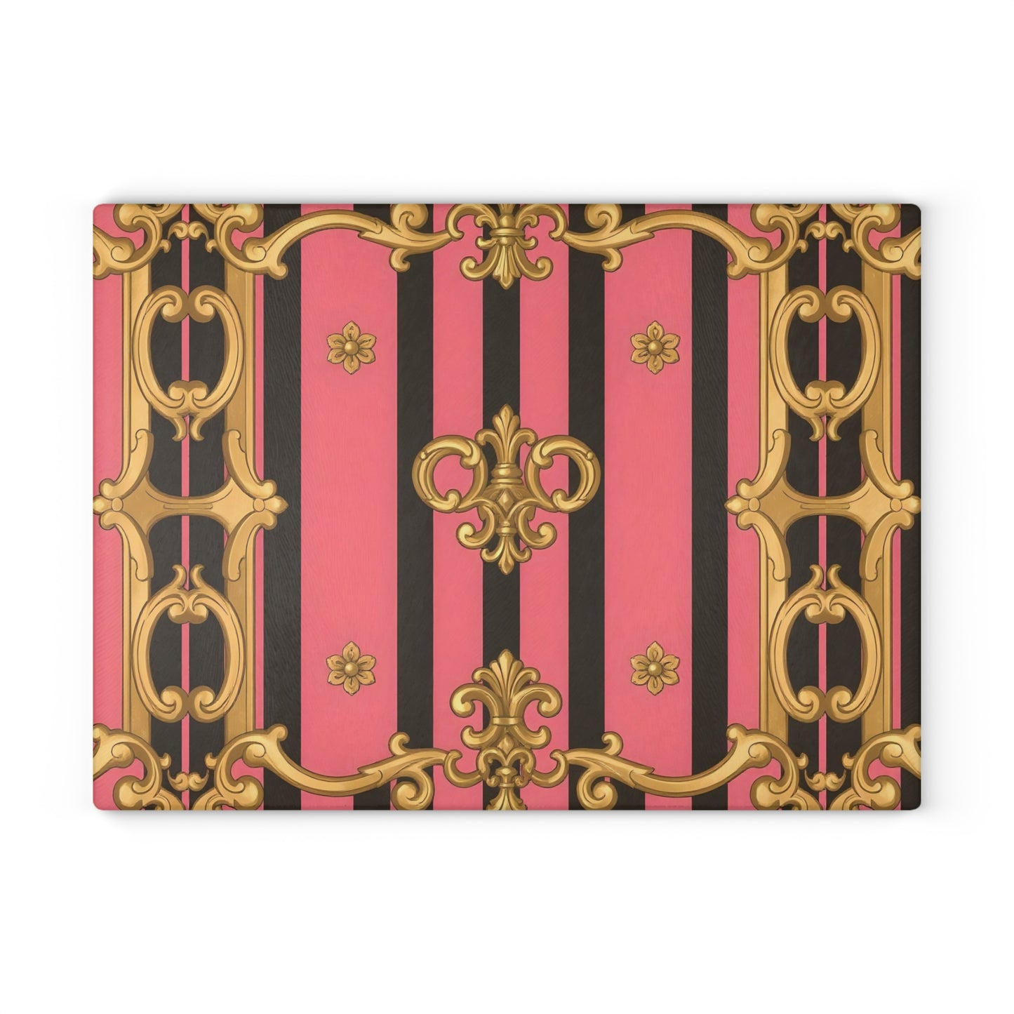 Elegant Pink and Black Glass Cutting Board, Kitchen Decor, Cooking Gift, Housewarming Present - Pink & Black Striped Gold Baroque