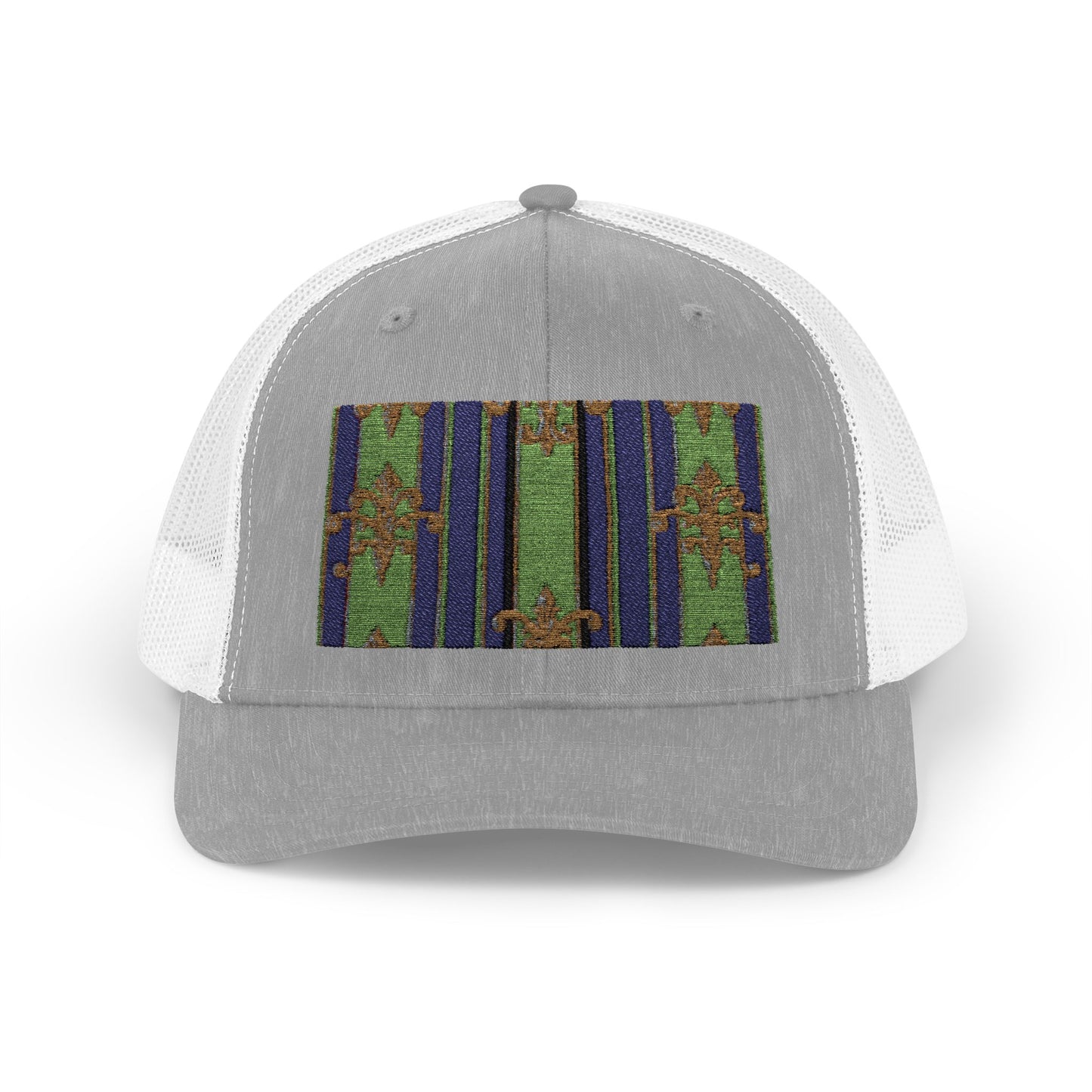 Vibrant Snapback Trucker Cap with Colorful Pattern, Baroque Hat for Festivals, Unisex Cap, Summer Accessory - Green Striped Gold Baroque