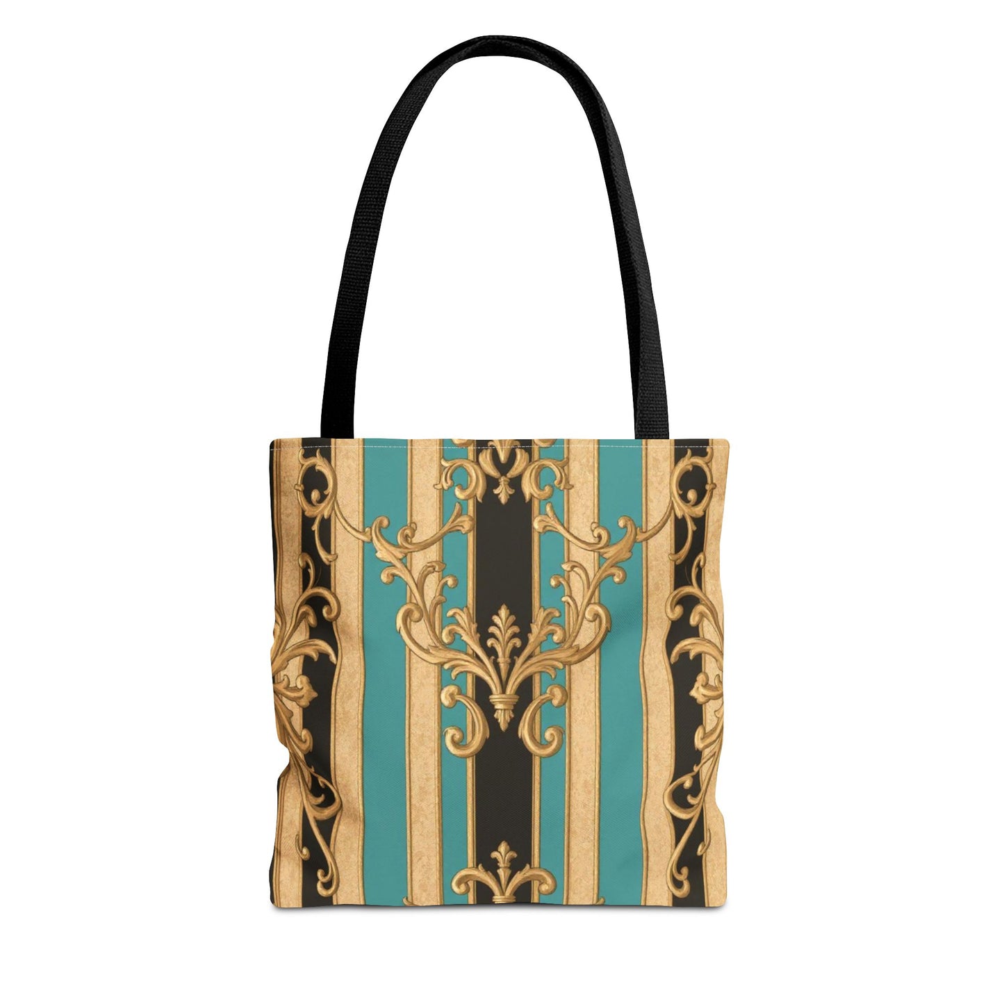 Elegant Black, Tan & Ocean Green Striped Gold Baroque Vintage Pattern Tote Bag, Stylish Carryall, Fashionable Handbag, Perfect Gift for Mother’s Day