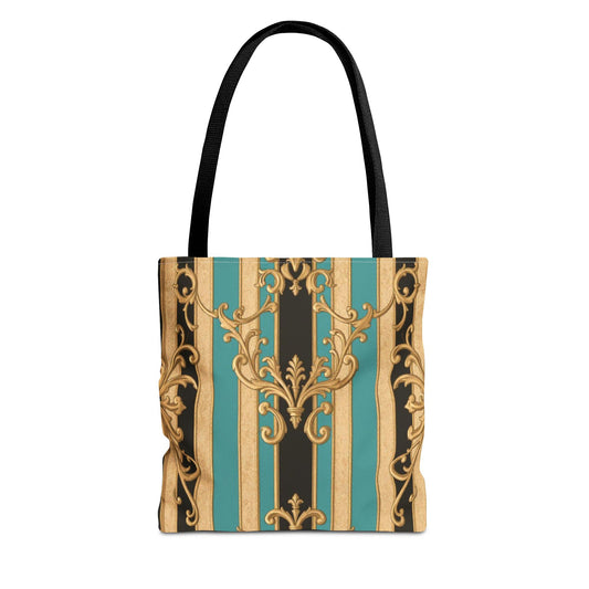 Elegant Black, Tan & Ocean Green Striped Gold Baroque Vintage Pattern Tote Bag, Stylish Carryall, Fashionable Handbag, Perfect Gift for Mother’s Day