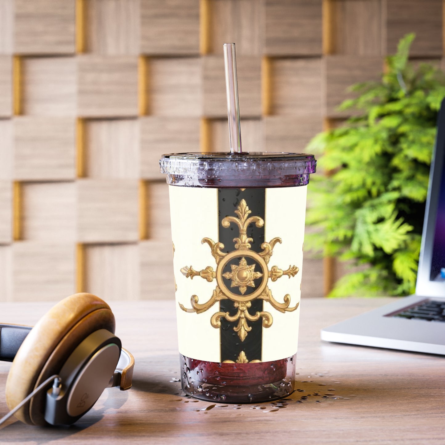 Elegant Gold Accent Acrylic Cup, Insulated Travel Mug, Stylish Coffee Cup, Decorative Tumblers for Gifts - Black & White Striped Gold Baroque