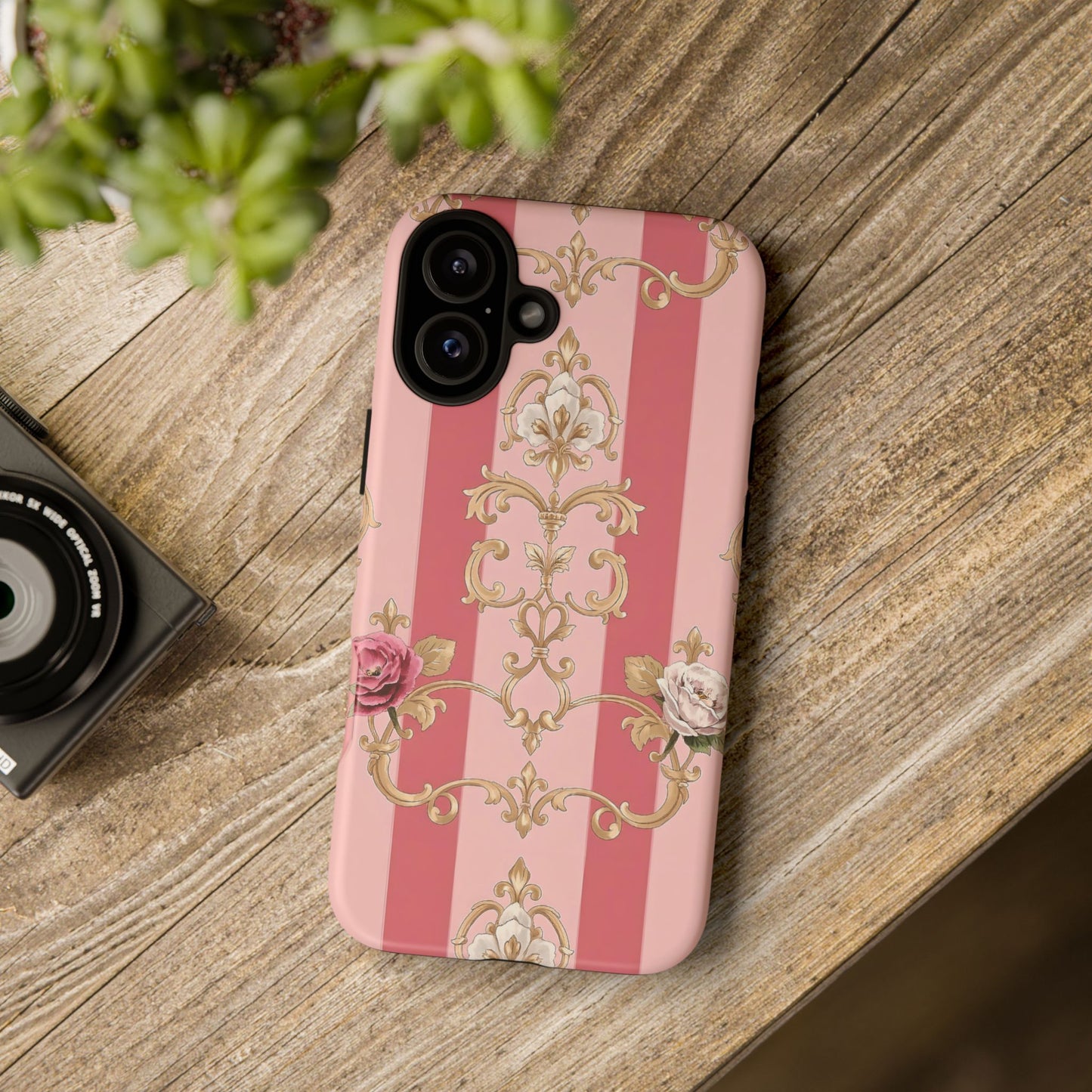 Elegant Floral Motif Phone Case - Tough Cases with Vintage Design - Pink Striped Roses & Damask