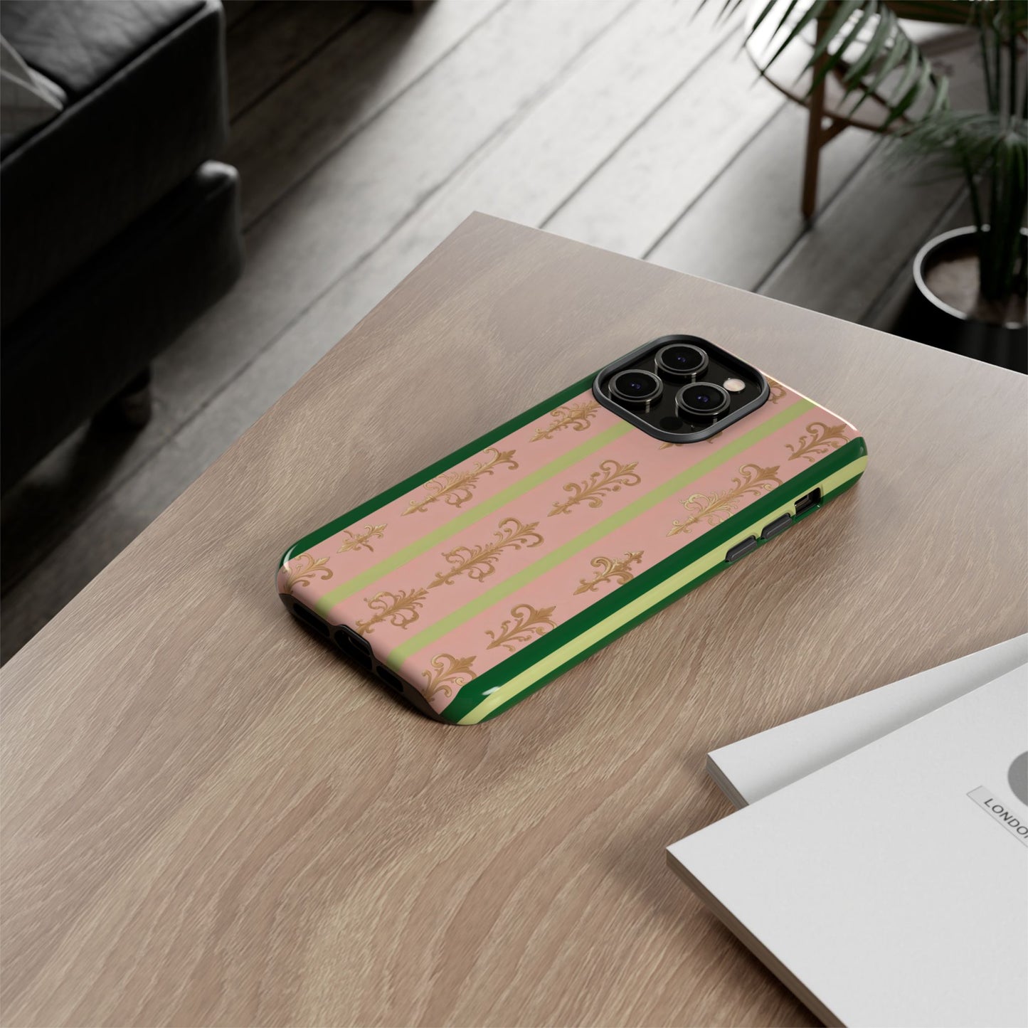 Elegant Floral Motif Phone Case - Tough Cases with Vintage Design - Lime Green & Pink Striped Damask