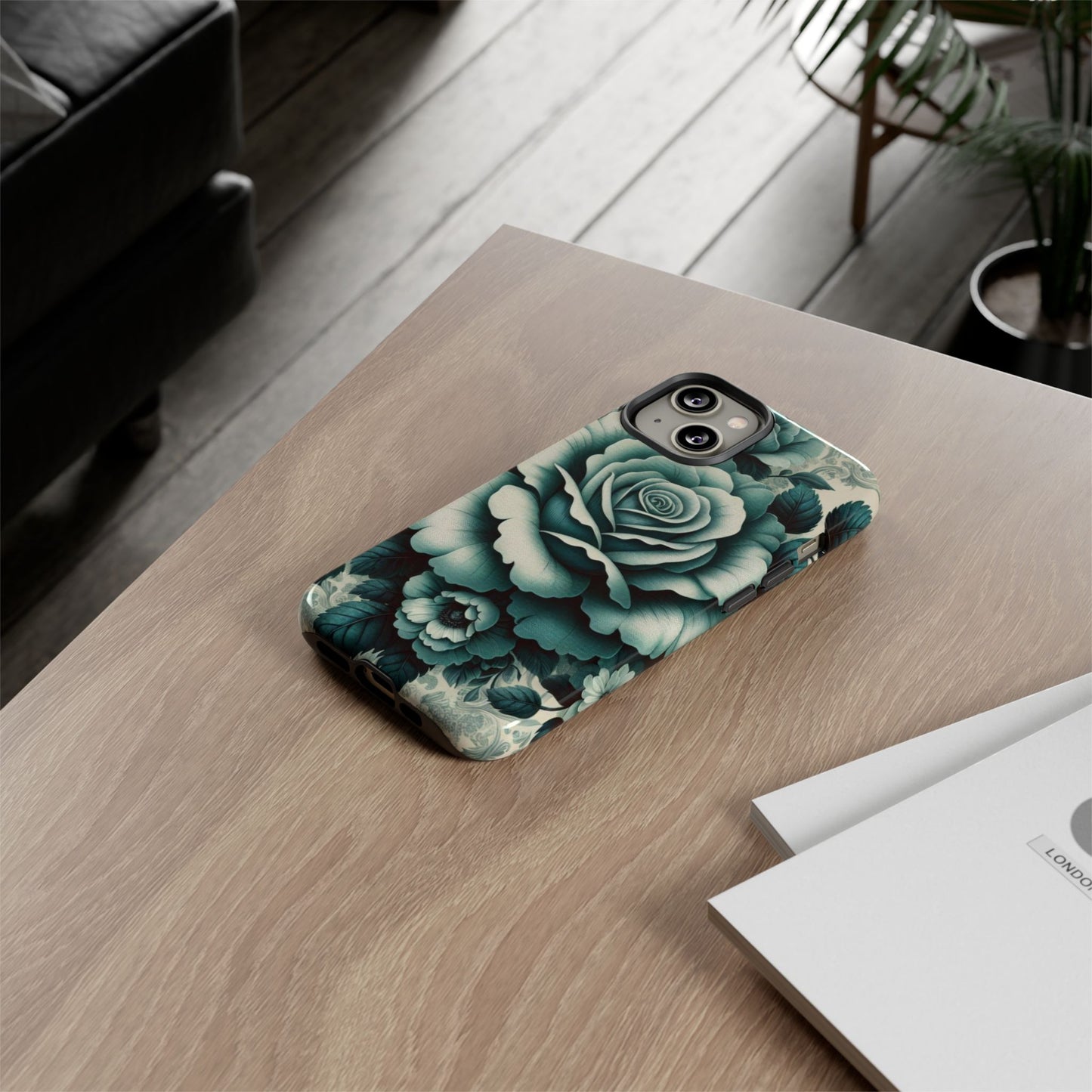 Elegant Floral Motif Phone Case - Tough Cases with Vintage Design - Teal Roses & Damask