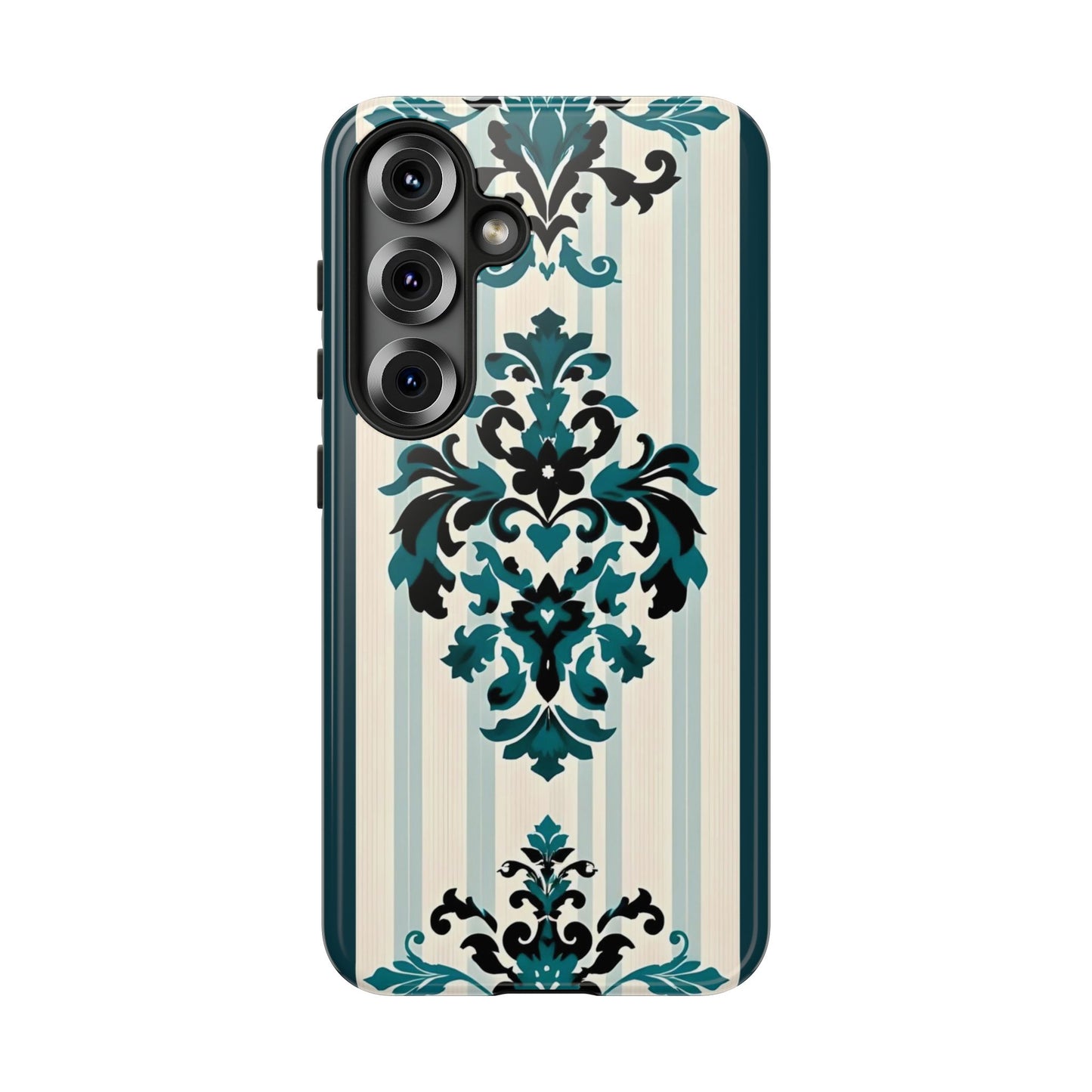 Elegant Floral Phone Case - Tough Cases with Vintage Design - Teal Striped Damask