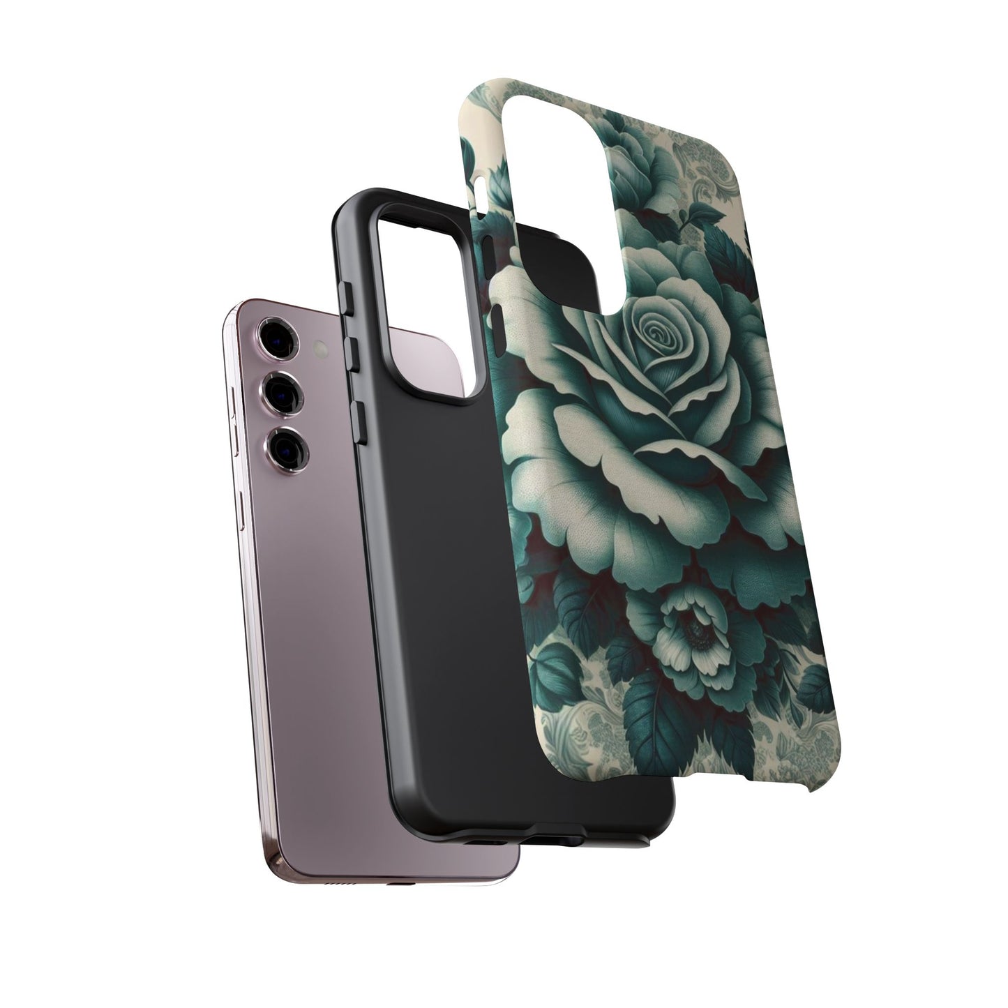 Elegant Floral Motif Phone Case - Tough Cases with Vintage Design - Teal Roses & Damask