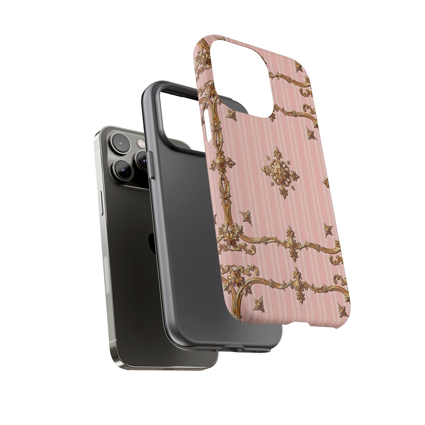 Elegant Floral Phone Case, Tough Cases for Women, Trendy Phone Cover, Chic Gift - Pink Striped Gold Baroque