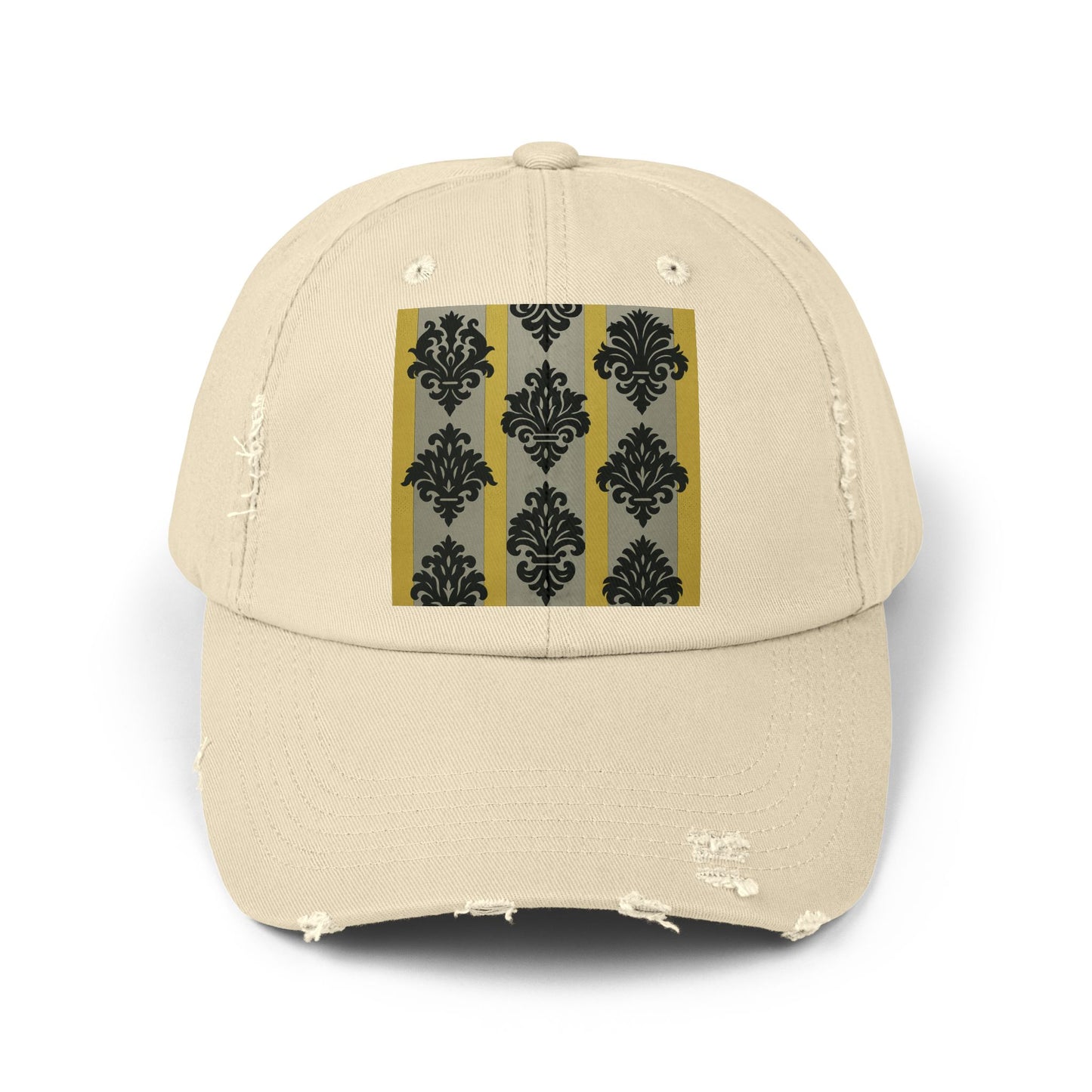 Stylish Distressed Cap, Trendy Black Hat for Fashion Lovers, Unisex Casual Accessory, Perfect Gift for Birthdays - Silver & Gold Striped Black Baroque