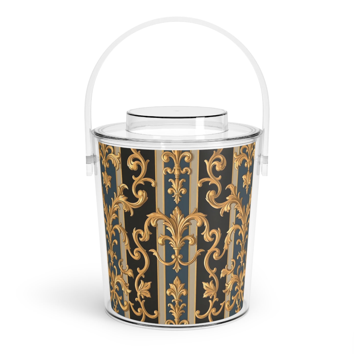Elegant Vintage Style Ice Bucket with Tongs, Perfect for Entertaining, Parties, Home Bar - Blue & Black Striped Rococo