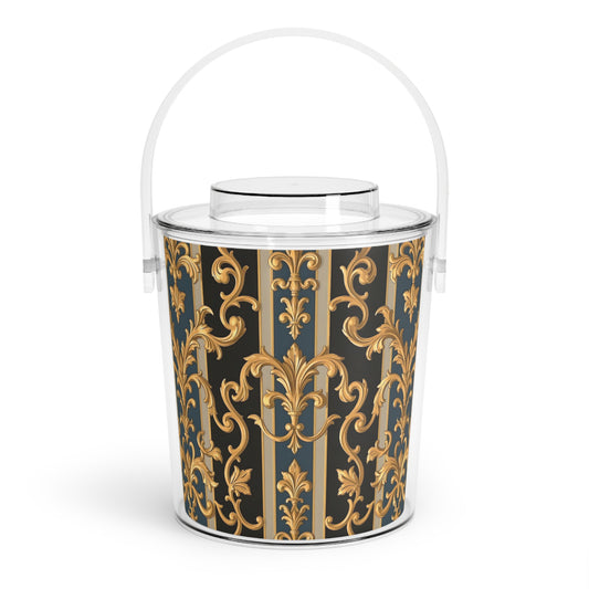 Elegant Vintage Style Ice Bucket with Tongs, Perfect for Entertaining, Parties, Home Bar - Blue & Black Striped Rococo