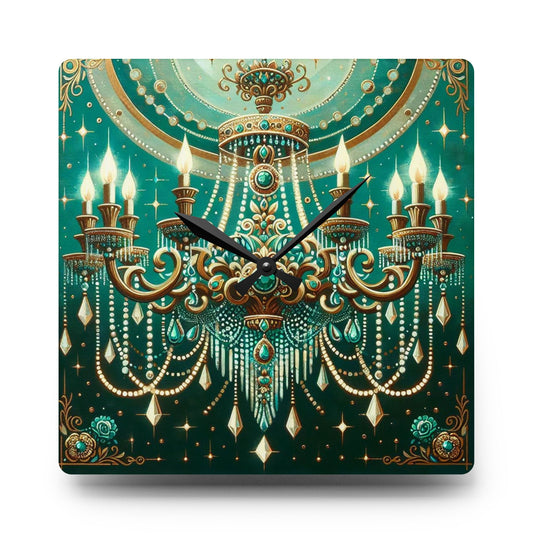 Chic Chandelier Acrylic Wall Clock, Elegant Home Decor, Modern Timepiece, Unique Gift, Wall Art - Green & Gold Jeweled Chandelier