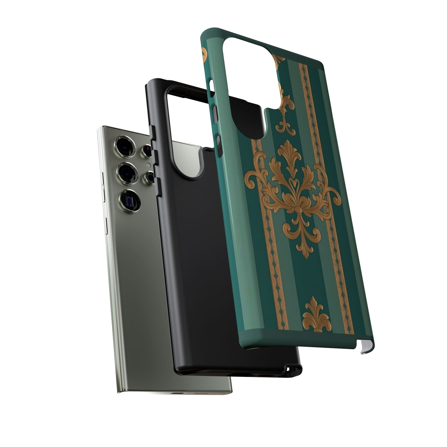 Elegant Floral Motif Phone Case - Tough Cases with Vintage Design - Teal Striped Gold Damask