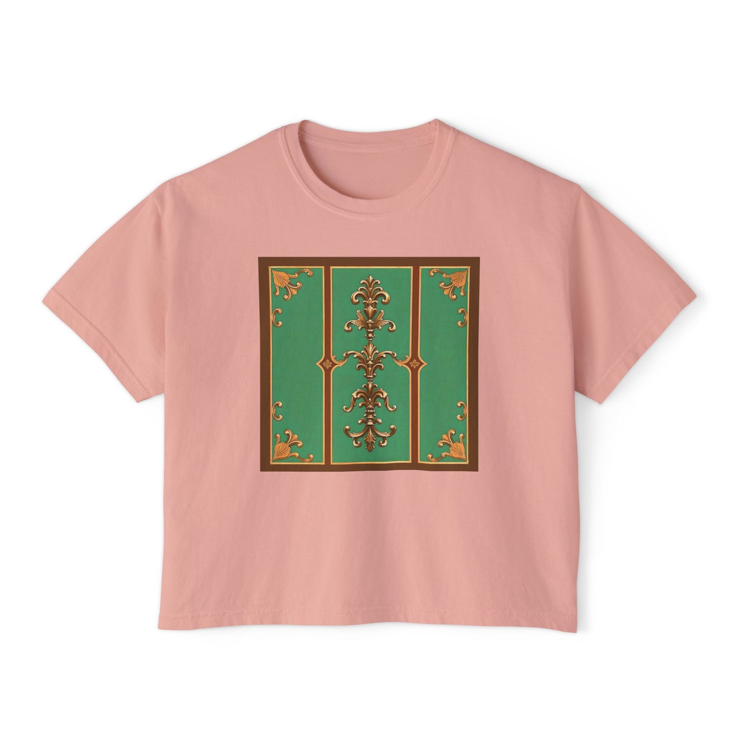 Elegant Vintage Floral Women's Boxy Tee - Trendy Casual Shirt for All Occasions - Rust & Green Striped Baroque