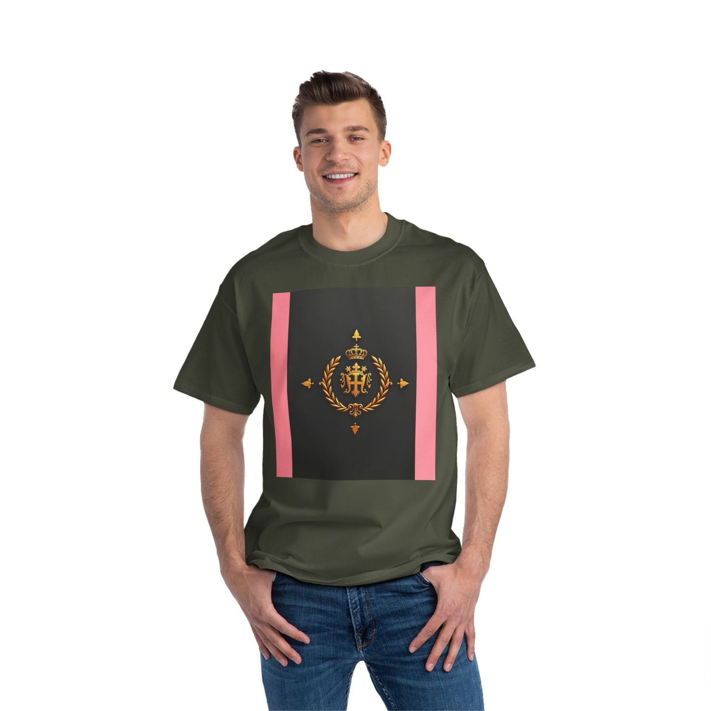 Short-Sleeve Graphic T-Shirt, Stylish Casual Wear, Trendy Gift for Friends, Summer Fashion, Statement Tee, Everyday Comfort - Pink Striped Gold Crest