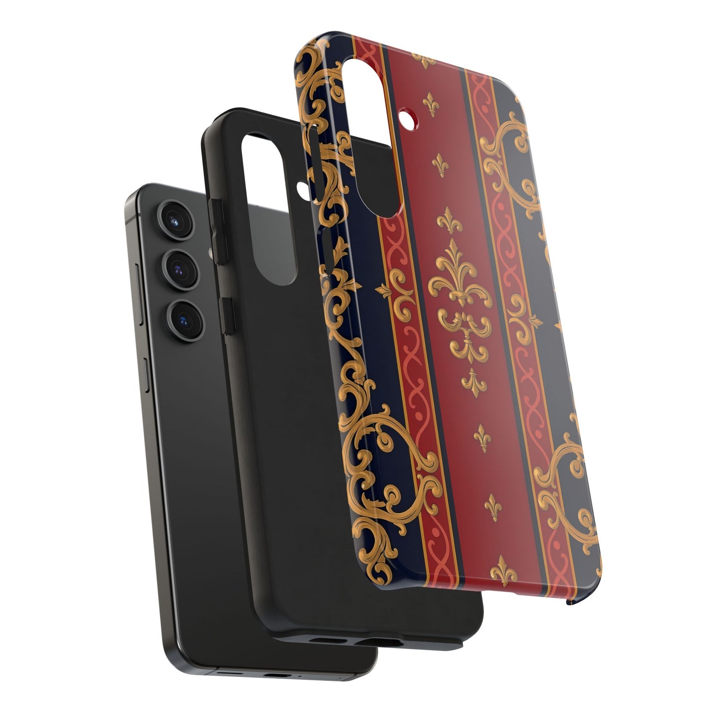 Elegant Vintage Phone Cases, Tough Phone Cover, Stylish Cell Phone Accessories, Durable Phone Protection - Midnight Blue & Dusk Red Gold Baroque