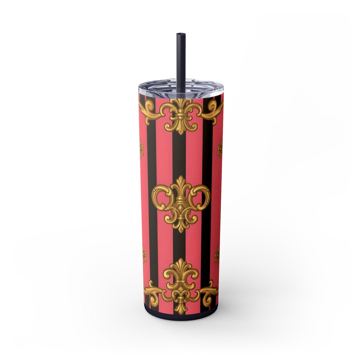 Chic Pink Striped Skinny Tumbler, 20oz | Elegant Travel Mug, Perfect Gift for Birthdays - Pink & Black Striped Gold Baroque