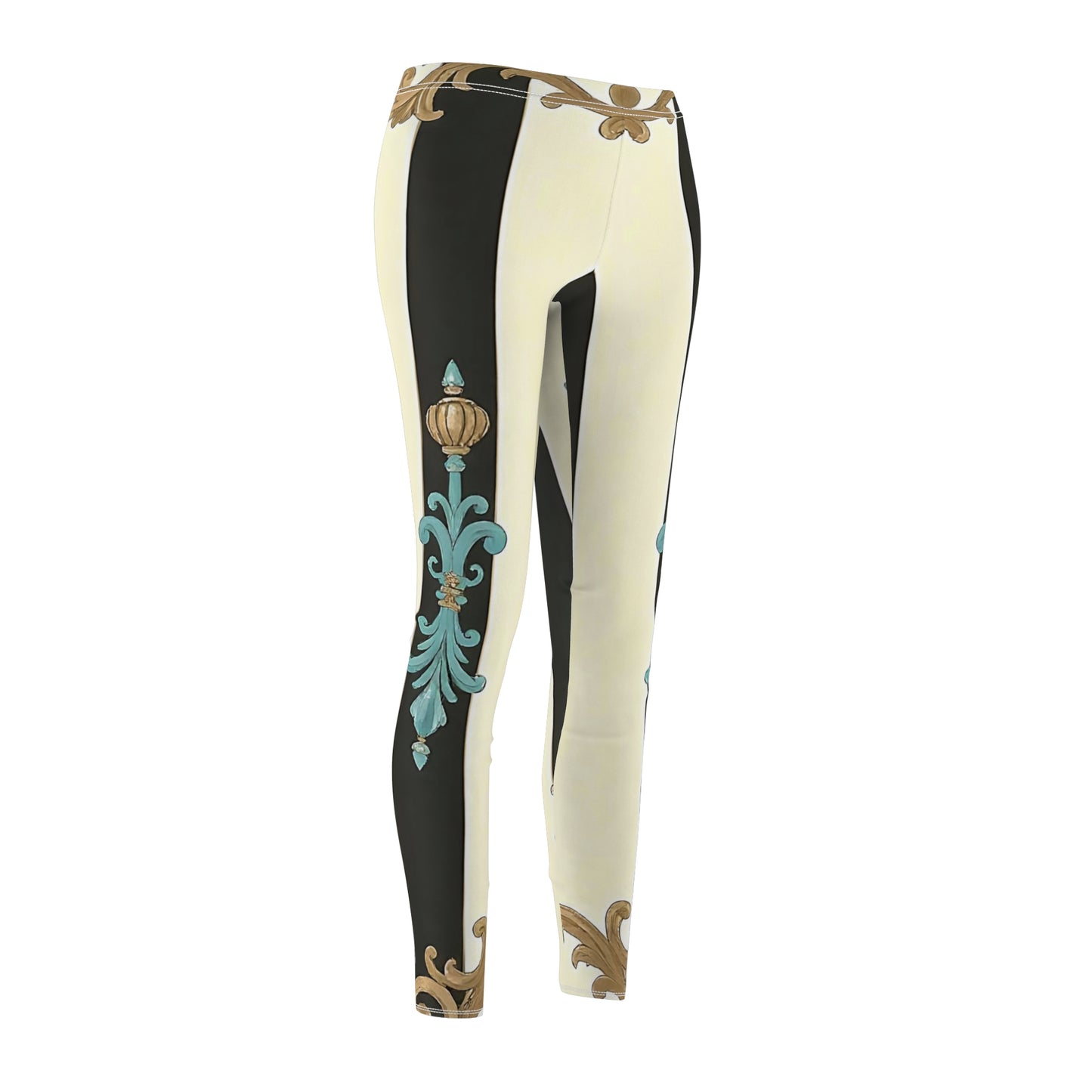 Stylish Women's Cut & Sew Leggings - Boho Chic Pants, Comfortable Athletic Wear, Perfect for Yoga - Black Striped Turquoise & Black Rococo