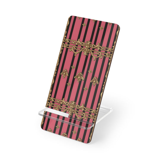 Elegant Mobile Display Stand for Smartphones, Stylish Phone Holder, Office Desk Accessories, Gift for Her - Pink Striped Gold Rococo