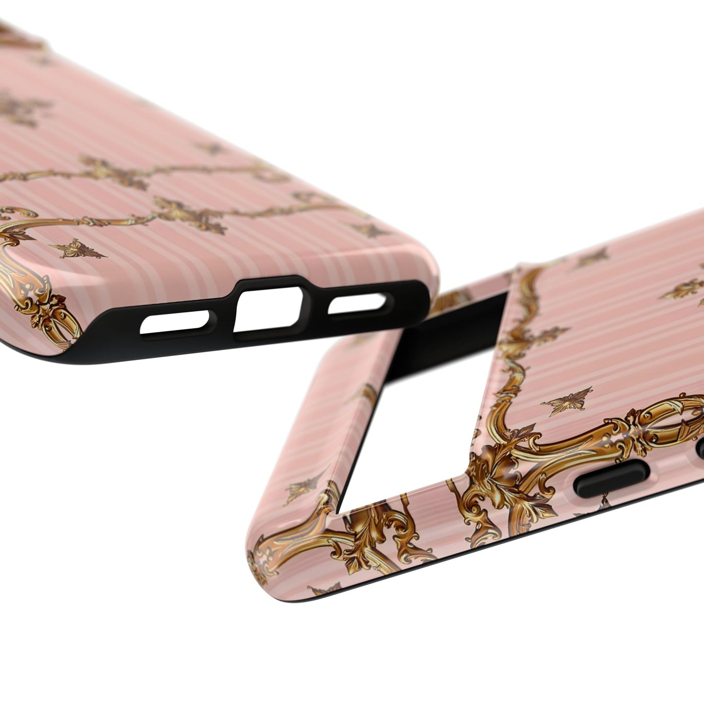 Elegant Floral Phone Case, Tough Cases for Women, Trendy Phone Cover, Chic Gift - Pink Striped Gold Baroque