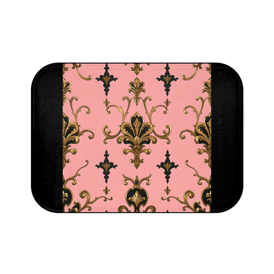 Elegant Vintage Floral Bath Mat, Luxury Bathroom Decor, Cozy Home Vibe, Gift for Housewarming - Pink, Black & Gold Rococo