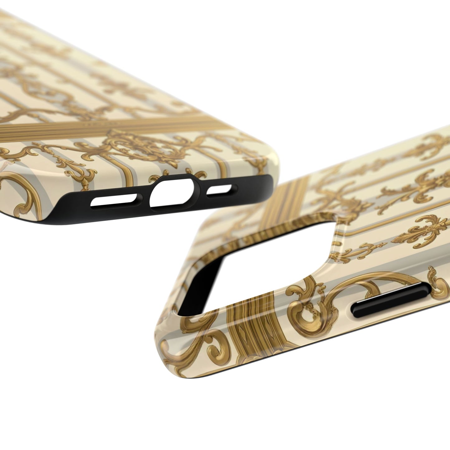 Elegant Gold Pattern Tough Phone Cases | Stylish Phone Covers, Trendy Cell Phone Accessories - Matte Gray & Cream Striped Gold Baroque