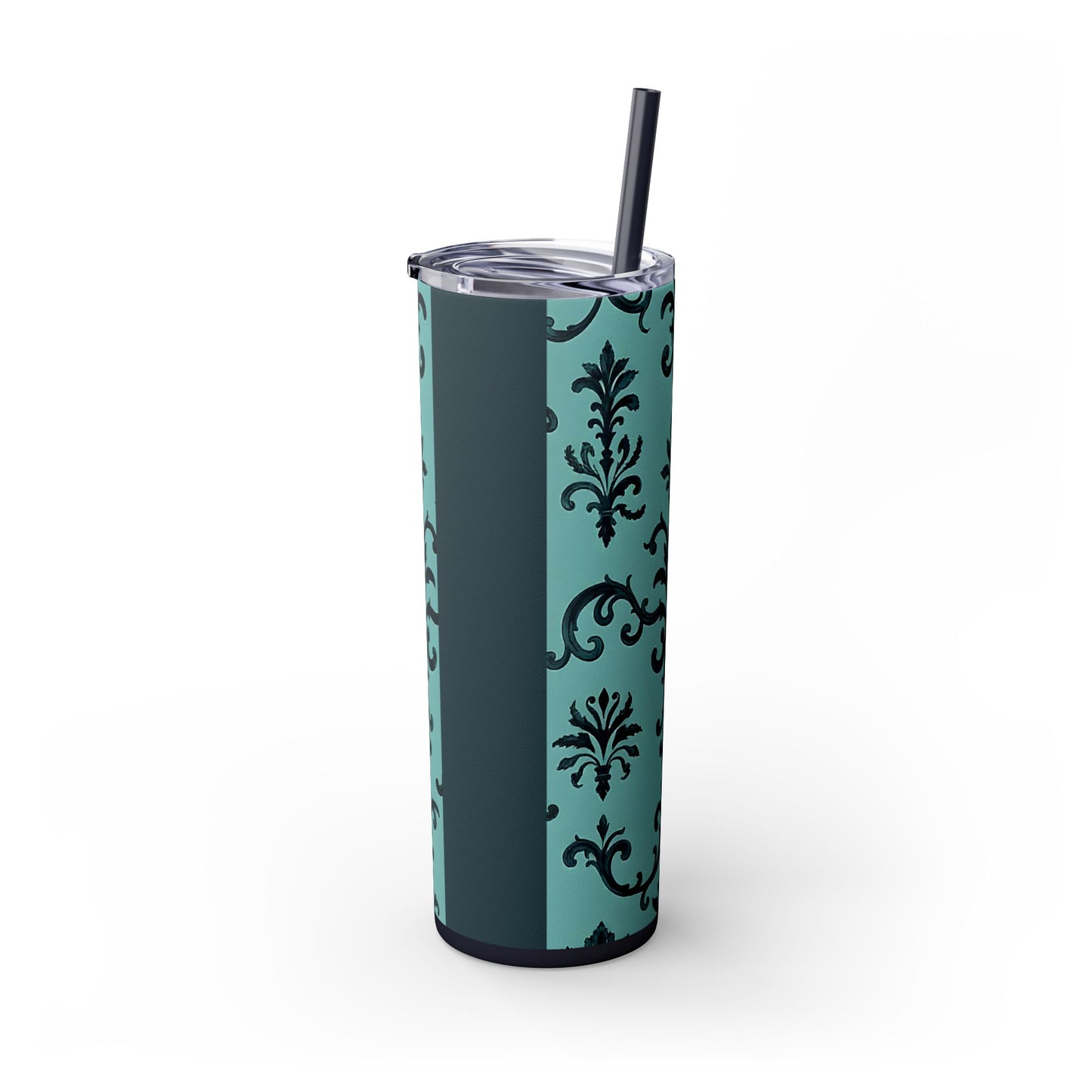 Elegant Floral Skinny Tumbler with Straw, 20oz, Personalized Drinkware, Stylish Travel Mug, Great Gift for Her - Teal Striped Rococo