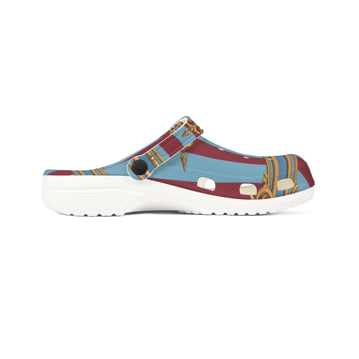 Chic Unisex EVA Foam Rubber Clogs – Stylish Comfort Footwear, Trendy Slip-Ons for Home, Casual Outings - Sky Blue & Maroon Striped Baroque