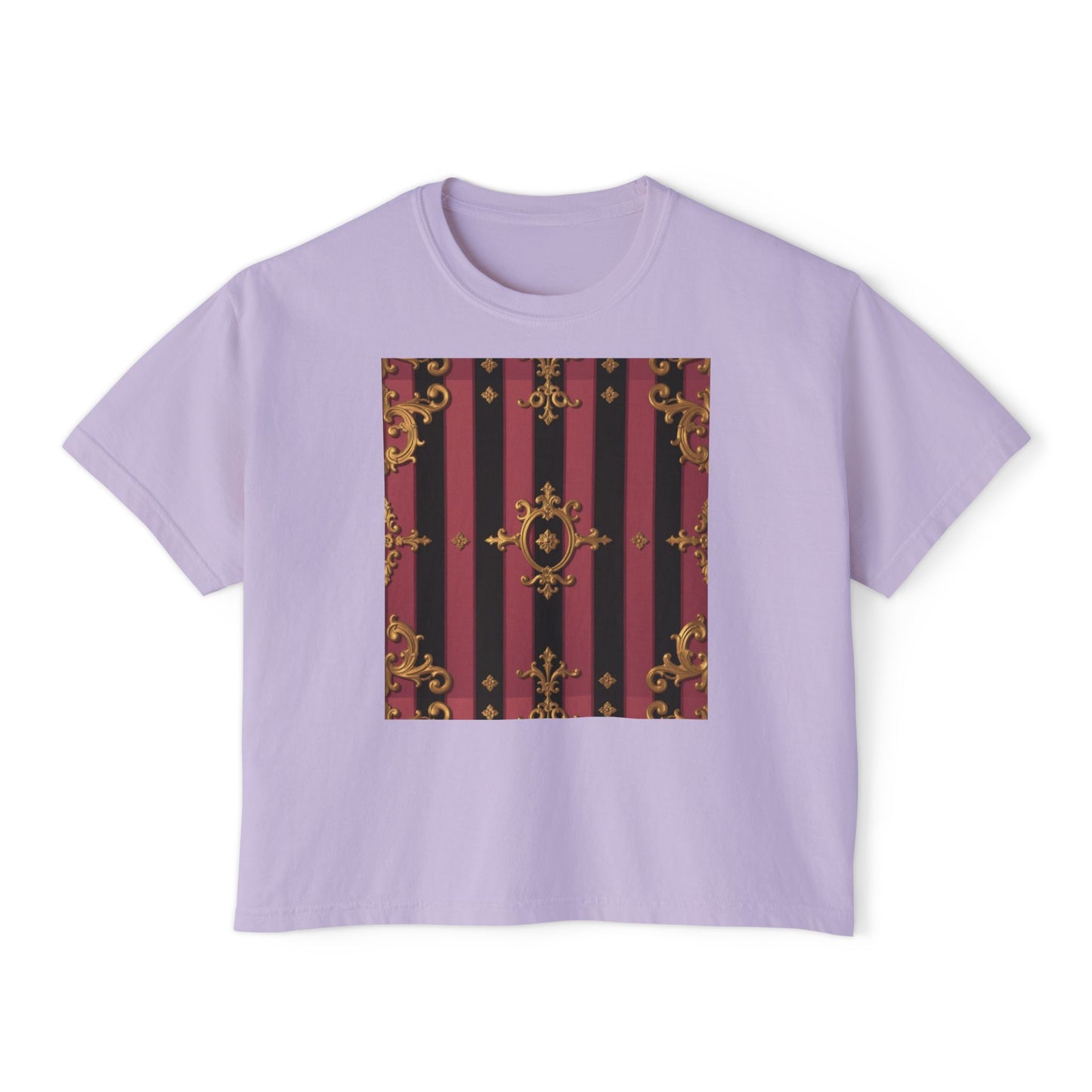 Black & Mauve Striped Gold Baroque Women's Boxy Tee, Vintage Style Top, Casual Fashion Tee, Oversized Graphic Shirt