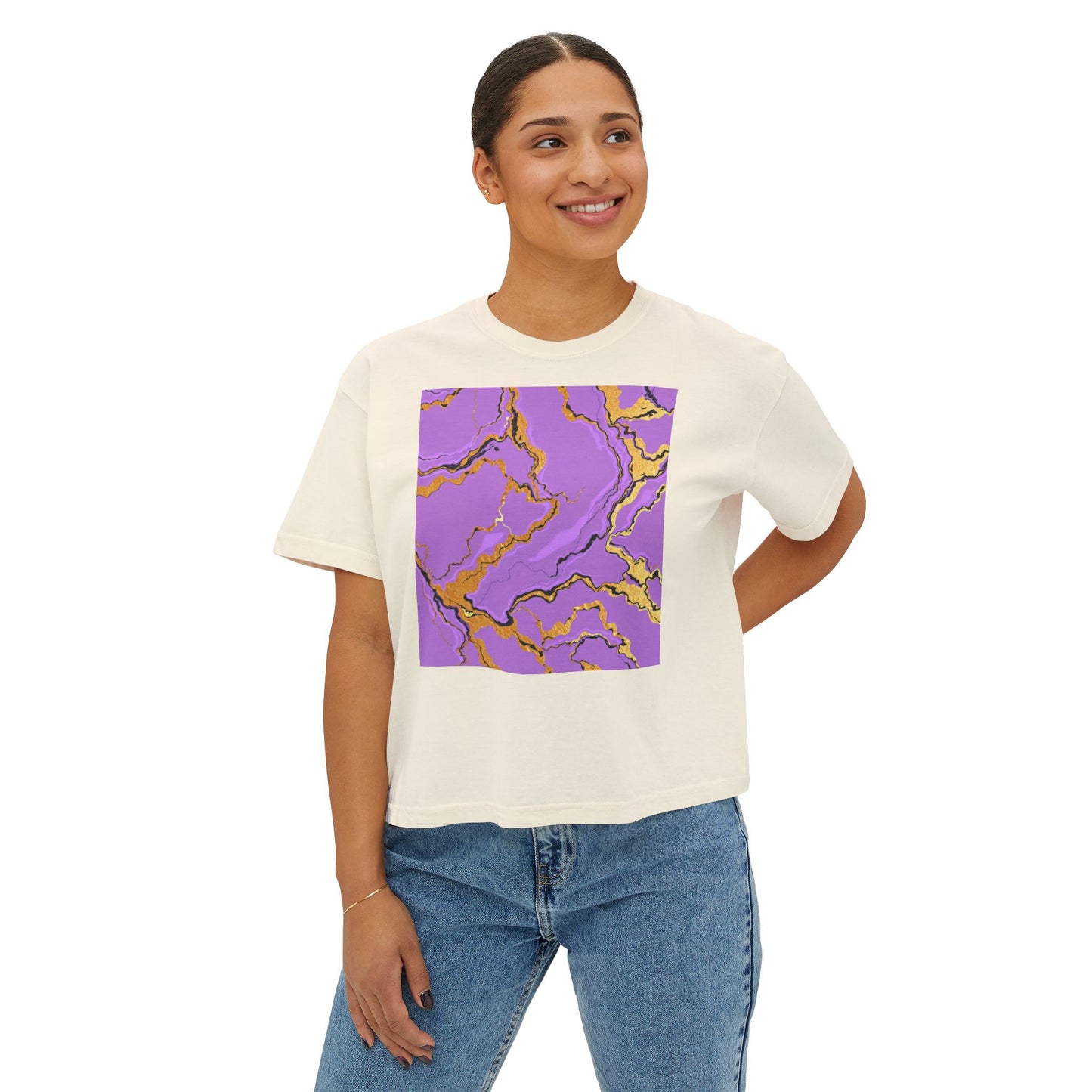 Chic Women's Boxy Tee with Purple Marble Design, Casual Top, Summer Fashion, Gift for Her, Trendy Graphic Tee