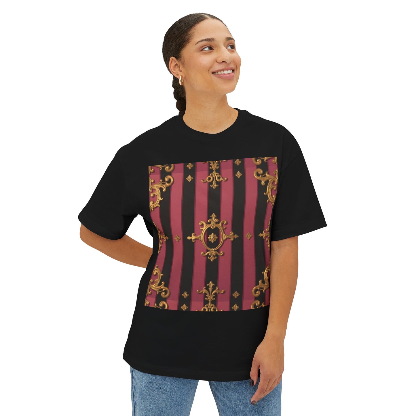 Stylish Black & Mauve Striped Gold Baroque Oversized Tee - Chic Statement Top, Casual Fashion, Perfect for Festivals